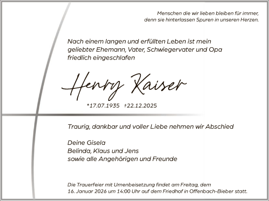 Traueranzeige von Henry Kaiser von OFOP