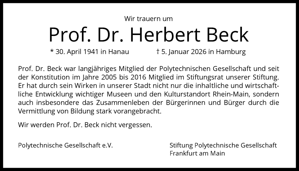  Traueranzeige für Herbert Beck vom 17.01.2026 aus FNP