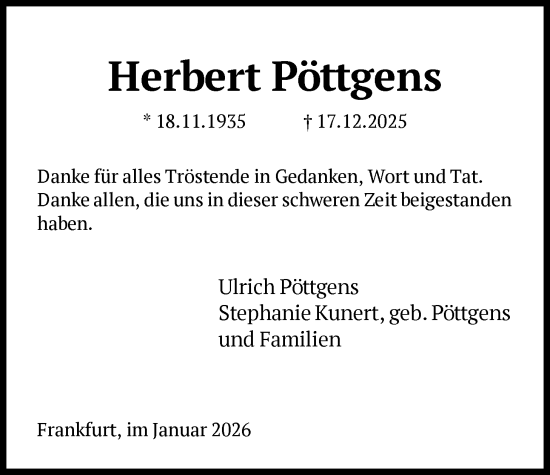 Traueranzeige von Herbert Pöttgens von FNP