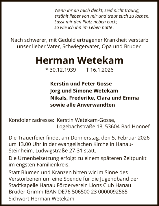 Traueranzeige von Herman Wetekam von OFOP