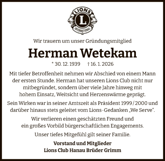 Traueranzeige von Herman Wetekam von OFHA