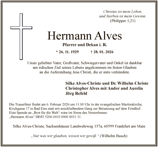 Traueranzeige von Hermann Alves von FNP