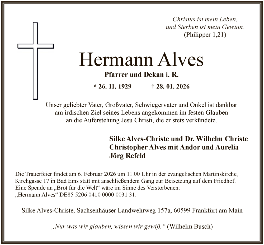  Traueranzeige für Hermann Alves vom 31.01.2026 aus FNP