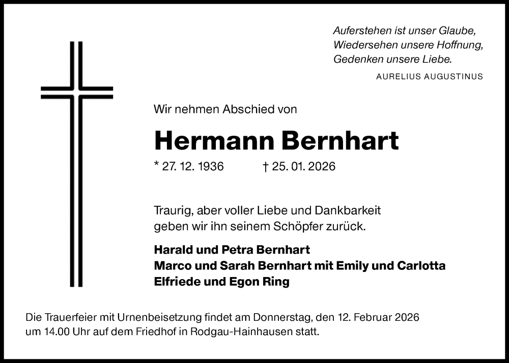  Traueranzeige für Hermann Bernhart vom 31.01.2026 aus OFOP