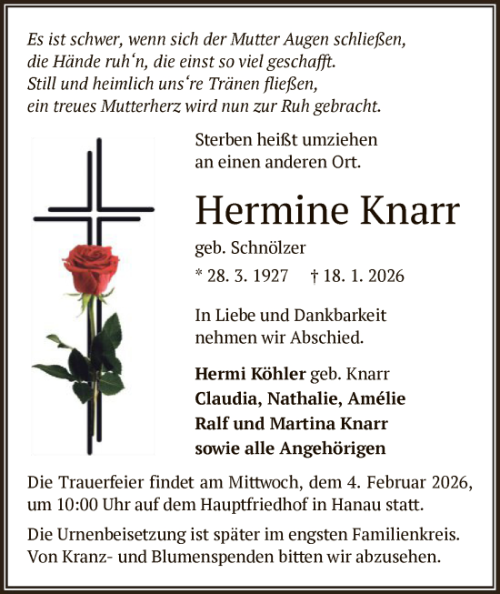Traueranzeige von Hermine Knarr von OFHA