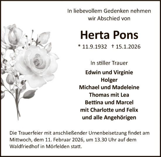 Traueranzeige von Herta Pons von OFMF