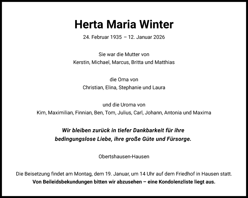  Traueranzeige für Herta Maria Winter vom 17.01.2026 aus OFOP