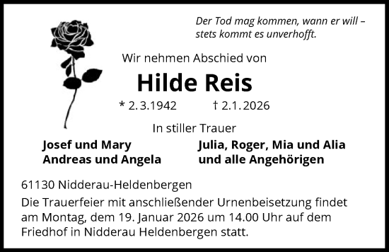 Traueranzeige von Hilde Reis von OFHA
