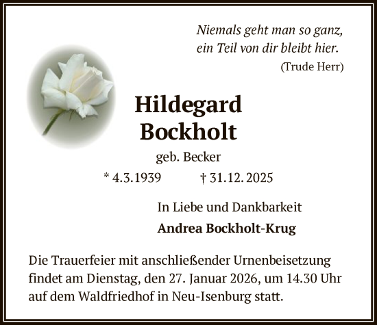 Traueranzeige von Hildegard Bockholt von OF0W