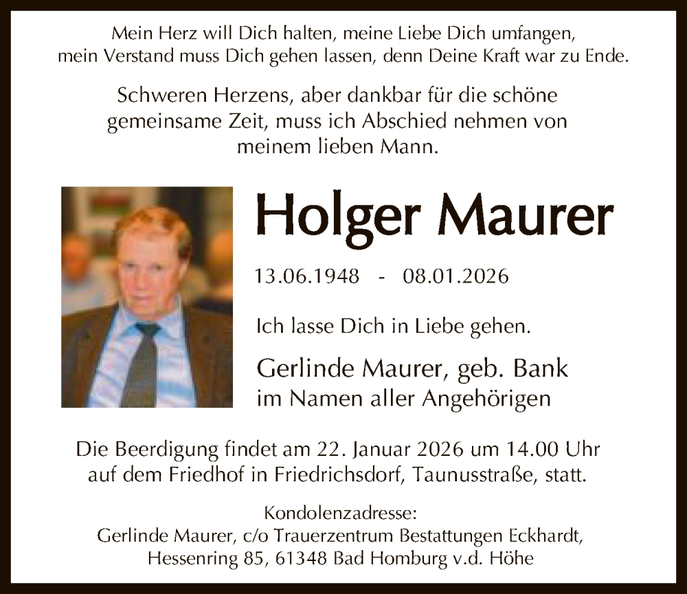  Traueranzeige für Holger Maurer vom 17.01.2026 aus FNP