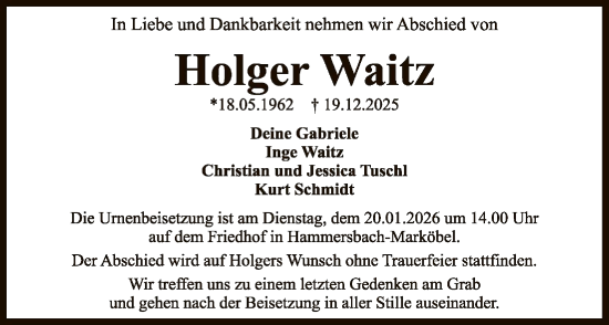 Traueranzeige von Holger Waitz von OFHA