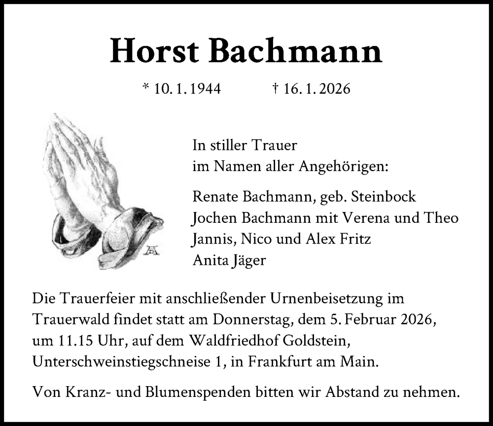  Traueranzeige für Horst Bachmann vom 31.01.2026 aus FNP