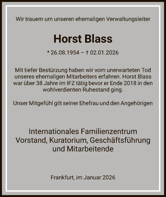 Traueranzeige von Horst Blass von FNP