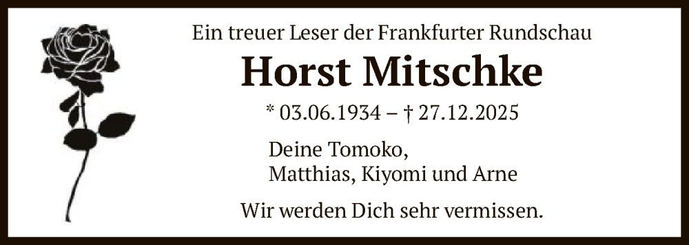  Traueranzeige für Horst Mitschke vom 17.01.2026 aus FNP