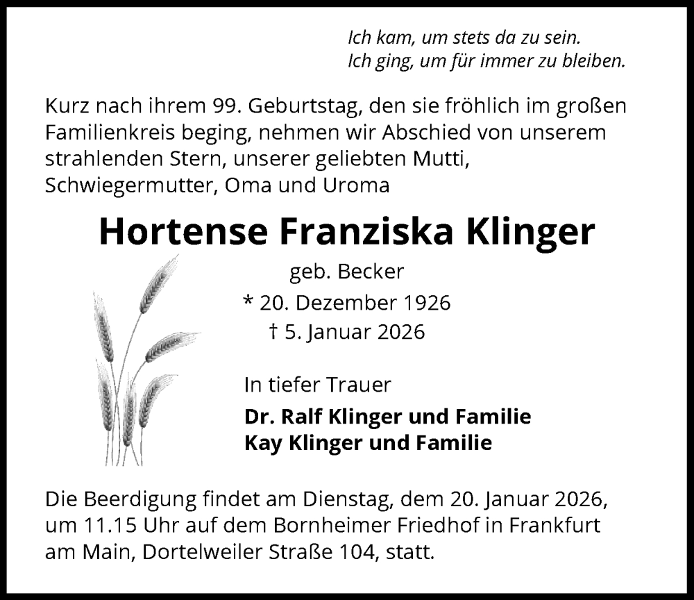 Traueranzeige für Hortense Franziska Klinger vom 10.01.2026 aus FNP
