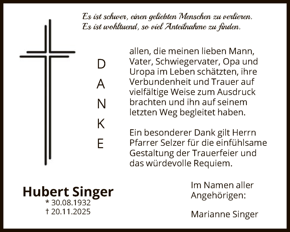  Traueranzeige für Hubert Singer vom 03.01.2026 aus OF0L