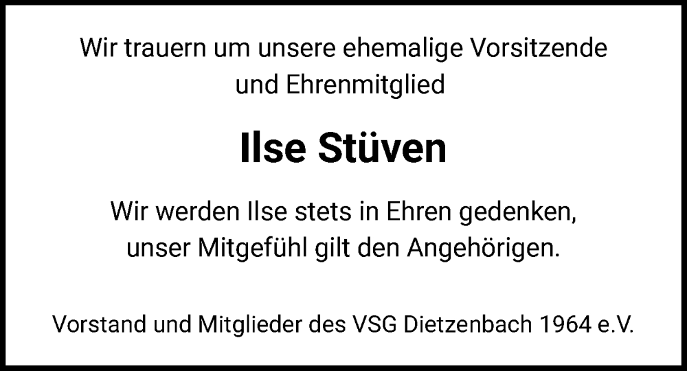  Traueranzeige für Ilse Stüven vom 10.01.2026 aus OF0L