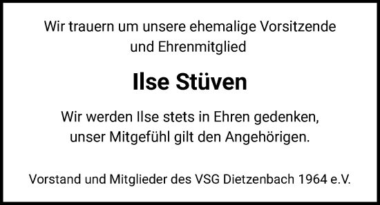 Traueranzeige von Ilse Stüven von OF0L