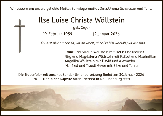 Traueranzeige von Ilse Luise Christa Wöllstein von OF0W