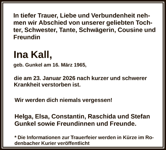 Traueranzeige von Ina Kall von OFHA