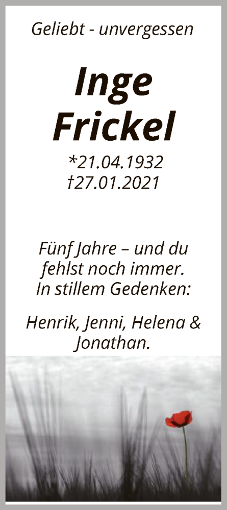 Traueranzeige von Inge Frickel von OFOP