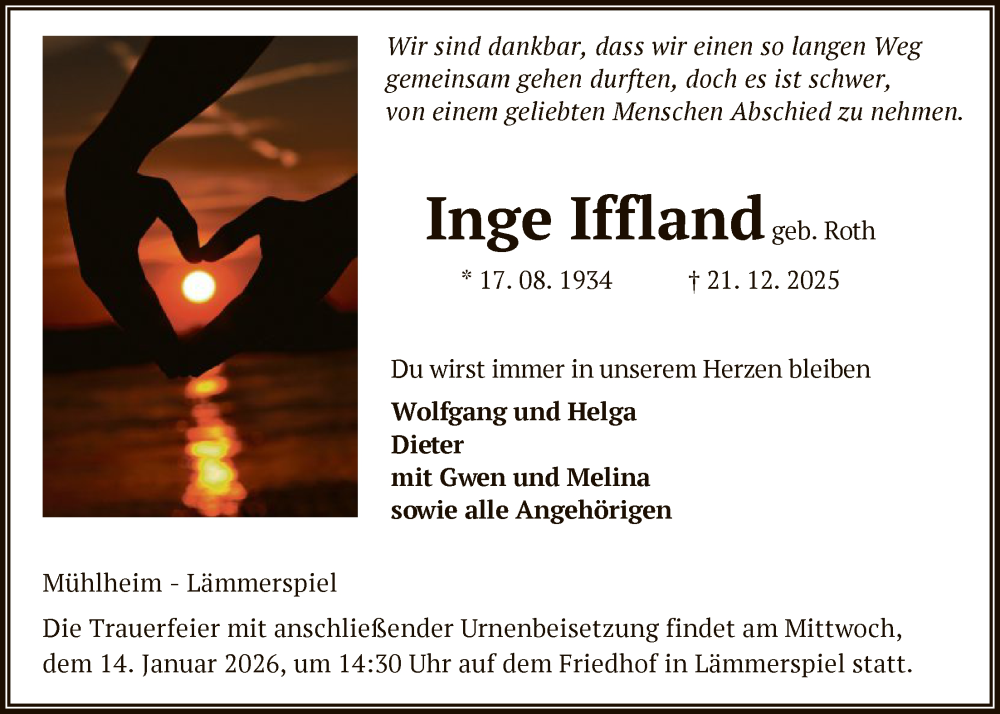  Traueranzeige für Inge Iffland vom 03.01.2026 aus OFOP