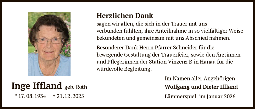  Traueranzeige für Inge Iffland vom 24.01.2026 aus OFOP