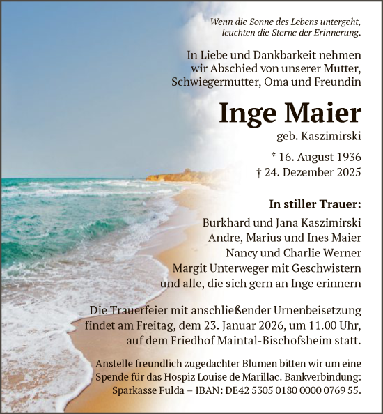 Traueranzeige von Inge Maier von BOWO