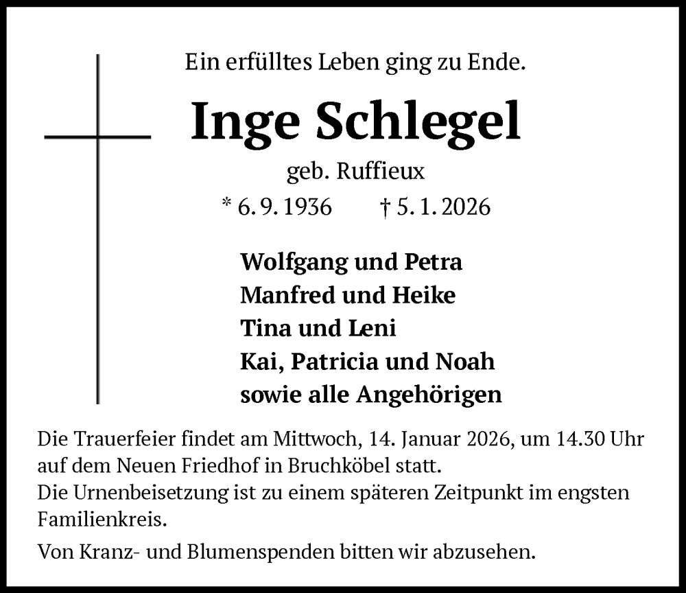 Traueranzeige für Inge Schlegel vom 10.01.2026 aus OFHA