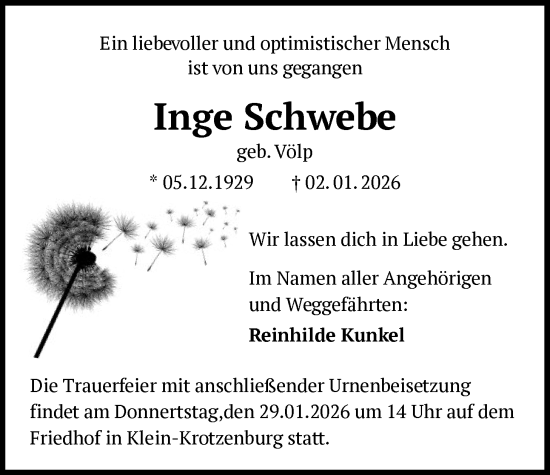 Traueranzeige von Inge Schwebe von OF0L
