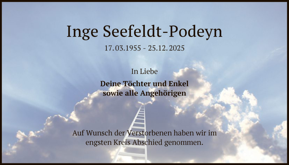  Traueranzeige für Inge Seefeldt-Podeyn vom 17.01.2026 aus OF0T