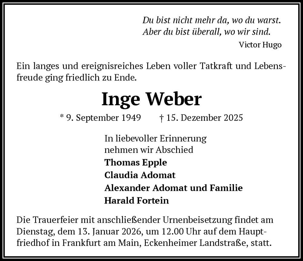  Traueranzeige für Inge Weber vom 03.01.2026 aus FNP