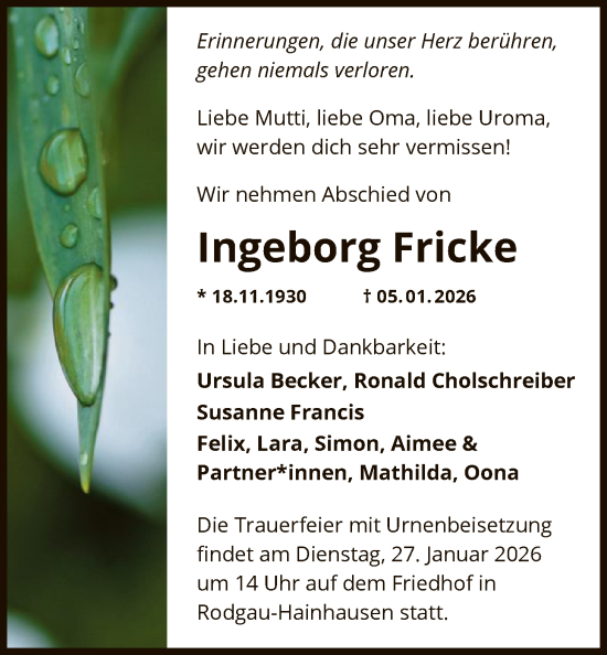 Traueranzeige von Ingeborg Fricke von OF0L