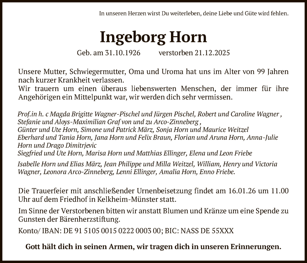  Traueranzeige für Ingeborg Horn vom 03.01.2026 aus FNP