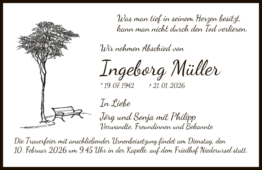  Traueranzeige für Ingeborg Müller vom 28.01.2026 aus FNP