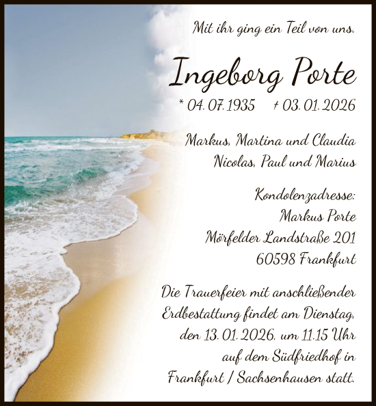 Traueranzeige von Ingeborg Porte von FNP