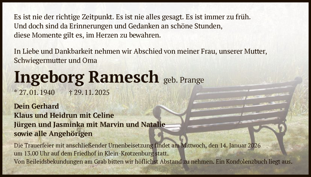  Traueranzeige für Ingeborg Ramesch vom 10.01.2026 aus OF0L