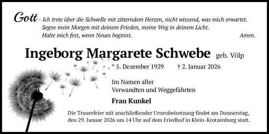 Traueranzeige von Ingeborg Margarete Schwebe von OFOP
