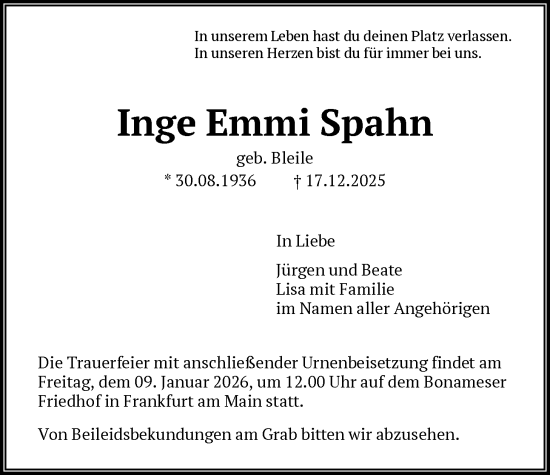 Traueranzeige von Inge Emmi Spahn von FNP