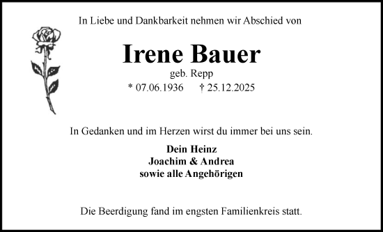 Traueranzeige von Irene Bauer von OFHA