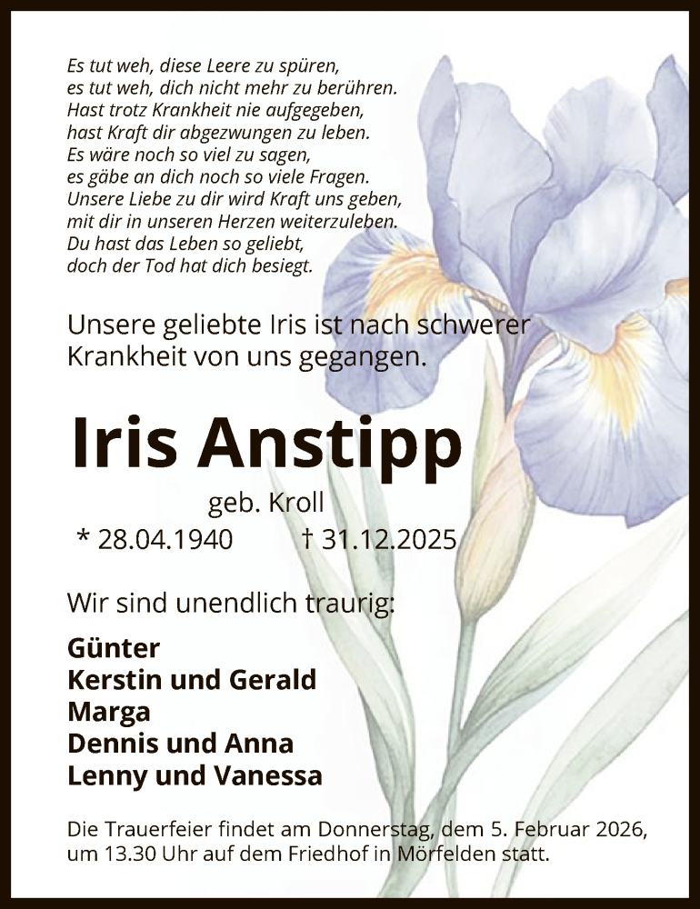  Traueranzeige für Iris Anstipp vom 16.01.2026 aus OFMF