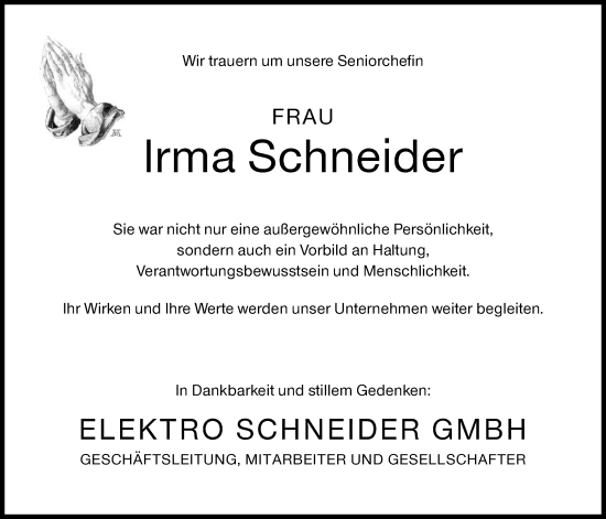Traueranzeige von Irma Schneider von OFHA