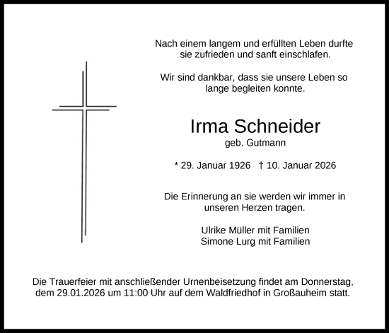 Traueranzeige von Irma Schneider von OFHA