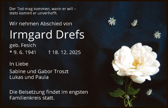 Traueranzeige von Irmgard Drefs von OFHA