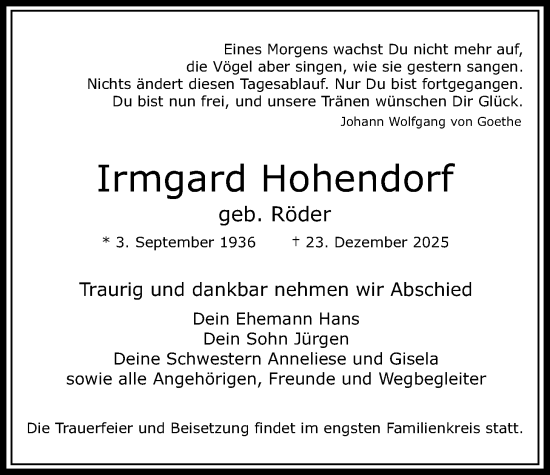 Traueranzeige von Irmgard Hohendorf von FNP
