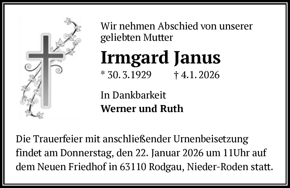  Traueranzeige für Irmgard Janus vom 17.01.2026 aus OFOP