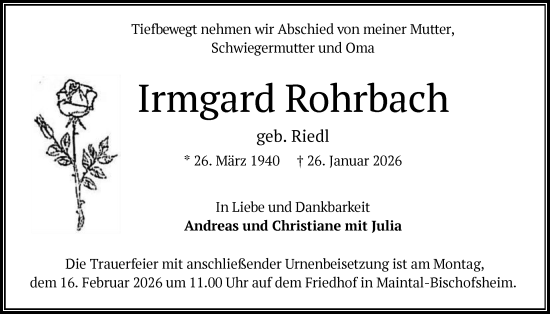 Traueranzeige von Irmgard Rohrbach von OFHA