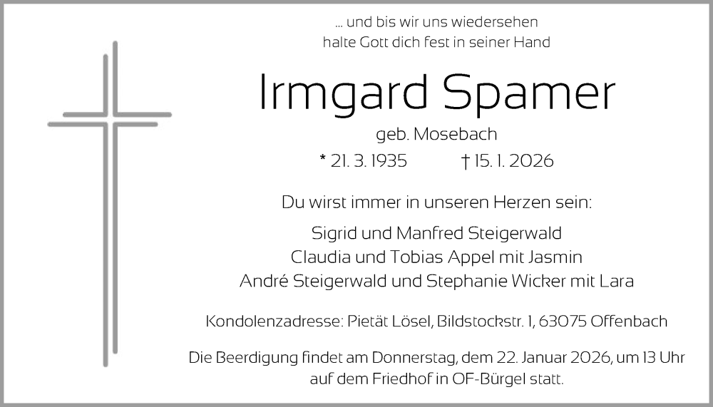  Traueranzeige für Irmgard Spamer vom 21.01.2026 aus OFOP
