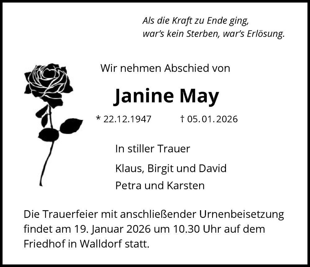  Traueranzeige für Janine May vom 16.01.2026 aus OFMF