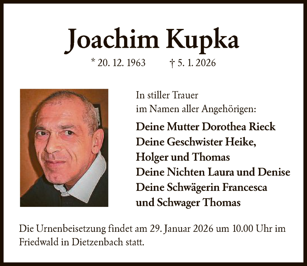  Traueranzeige für Joachim Kupka vom 17.01.2026 aus OFOP